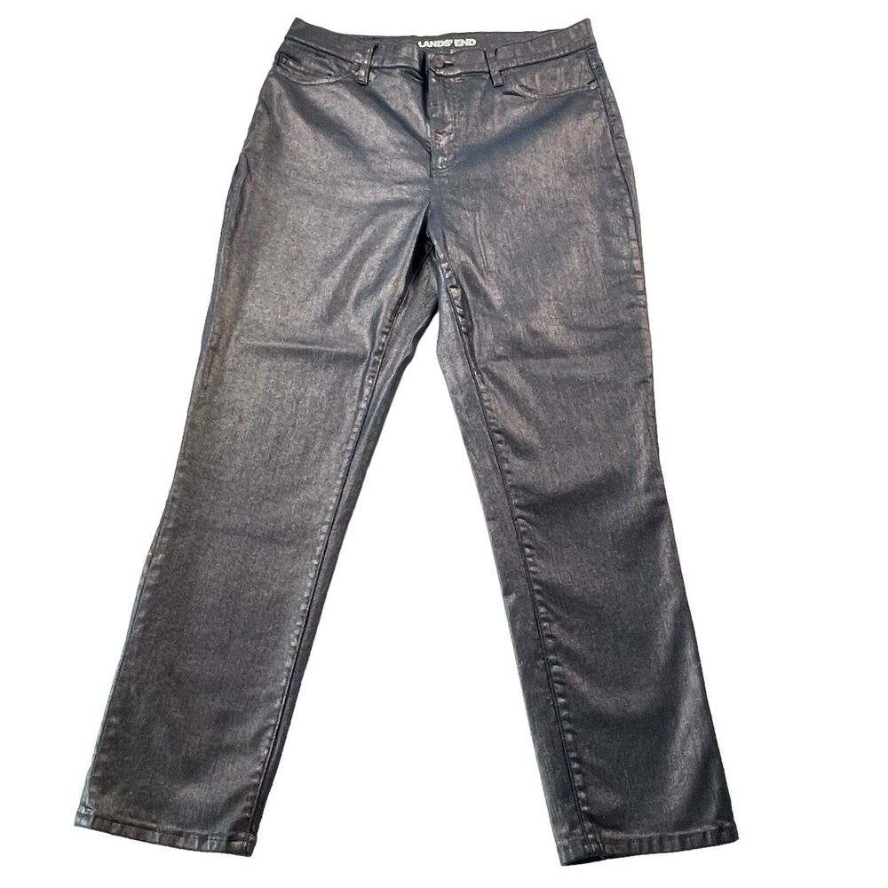 Lands' End Shine High Rise Slim Leg Jeans Black Ankle Length Pockets Size 4